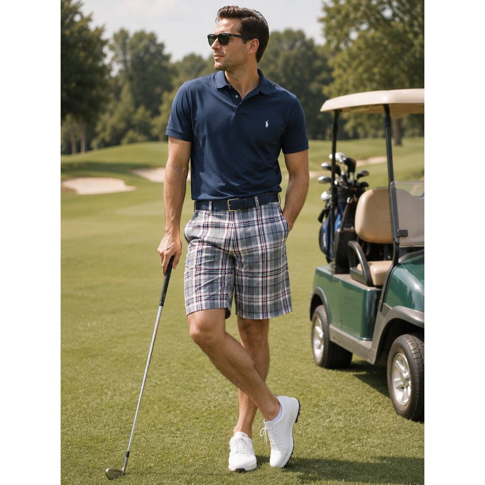 IZOD Plaid Golf Shorts Gray Navy Red Size 30 Classic Fit